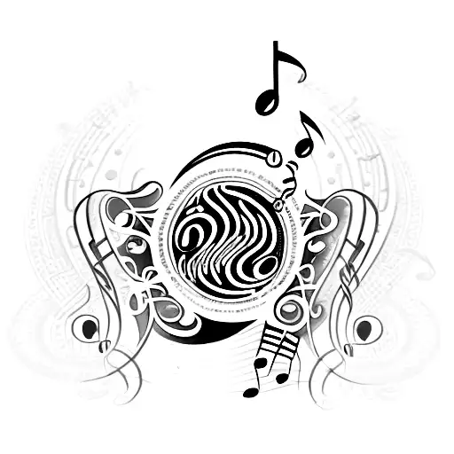 An intricate design combining music notes and coffee beans, with a steamy coffee cup in the background tattoo design idea