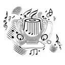 An intricate design combining music notes and coffee beans, with a steamy coffee cup in the background tattoo design idea