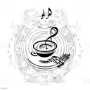 An intricate design combining music notes and coffee beans, with a steamy coffee cup in the background tattoo design idea