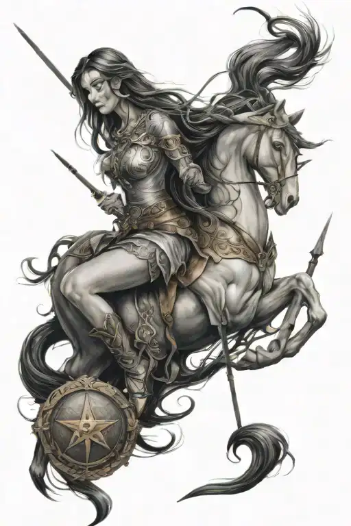 a mystical woman of the sign of Sagittarius with long hair and the symbols of the zodiac behind. tattoo design idea