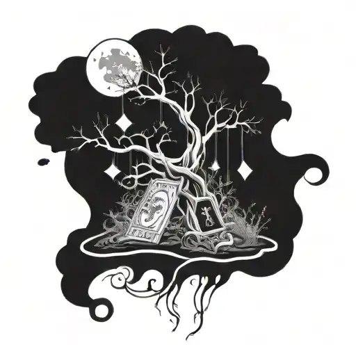 A surreal scene of two entwined trees representing eternal love, with tarot cards scattered around to add a mystical touch tattoo design idea