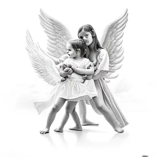 two angels protect a child who is doing a paint on the floor tattoo design idea