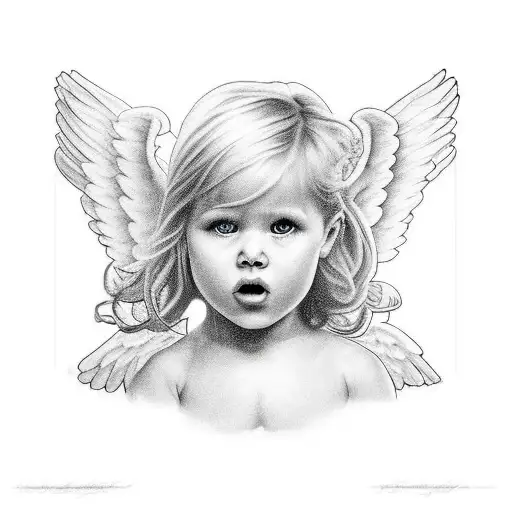 child doing a paint on the floor being protected by two angels tattoo design idea