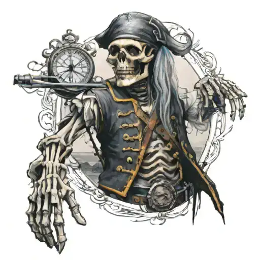 the standing skeleton pirate holding a compass on his raised left hand tattoo design idea