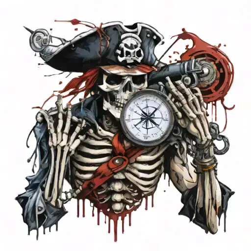 The skeleton pirate holding a compass on his hands. tattoo design idea
