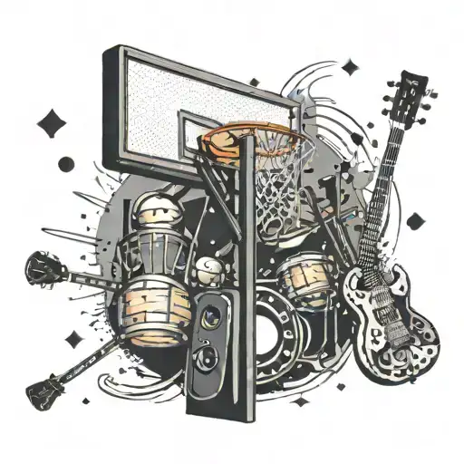 A basketball hoop with a cross incorporated into the design, surrounded by musical instruments like guitars and drums tattoo design idea