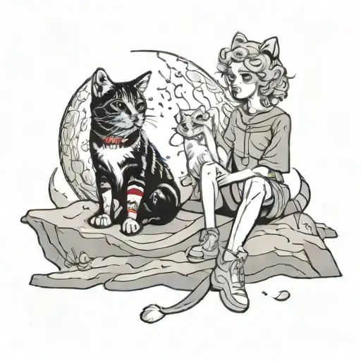 Women, men and the pet cat sit on the moon surface and looking a star.The tattoo style IS as little prince tattoo design idea