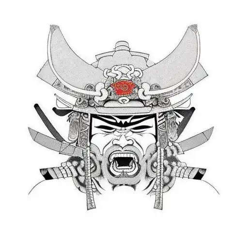 on the entire right hand of a samurai is a woman with an angry face who holds a kunai in her teeth, the samurai woman ha tattoo design idea