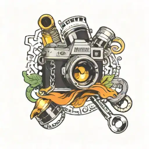 A tattoo design of a camera lens with musical notes and cooking utensils swirling around it, representing the client's interests in photography, music, and cooking tattoo design idea