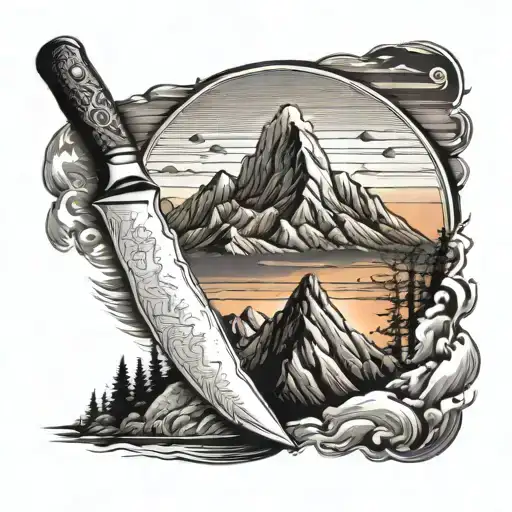 A tattoo design of a chef's knife morphing into a mountain peak, with a sunset sky in the background, symbolizing the client's occupation as a chef and love for mountains and sunsets tattoo design idea