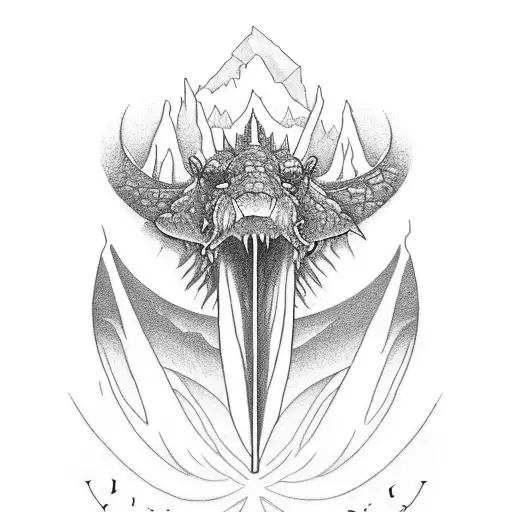 Lord of the rings mountain drawings, mythosaur, lilly flower, black shading tattoo design idea
