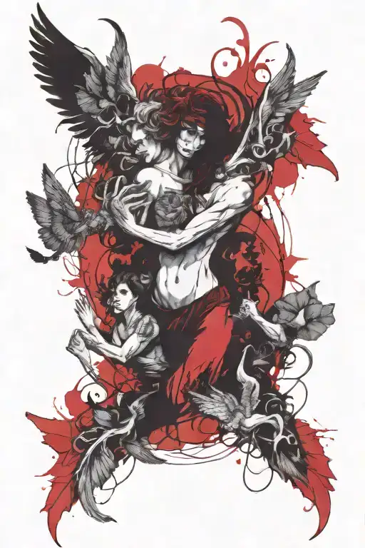 angels, demons, pentagrams, good, evil, climbing vines, poisonous plants, screams, laughter, duality tattoo design idea
