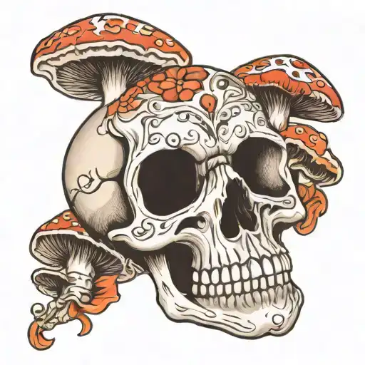 skull and mushrooms tattoo design idea