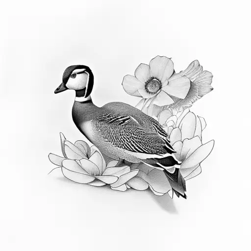 mandarin ducks and flowers tattoo design idea