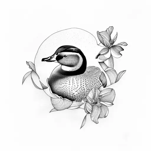 mandarin ducks and flowers tattoo design idea