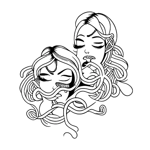 two women from the neck up open mouth kissing with snakes for hair tattoo design idea