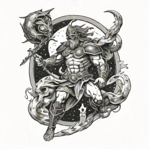 Combine elements of Greek mythology and space to create a celestial gladiator fighting a cosmic beast tattoo design idea