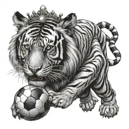 A majestic tiger standing on a soccer ball, with a crown on its head, representing your passion for soccer and love for animals tattoo design idea