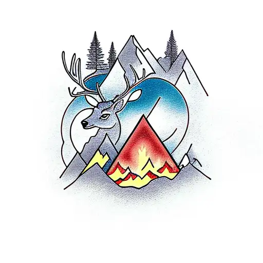 A majestic mountain range with a campfire at its base, surrounded by silhouettes of deer and elk tattoo design idea