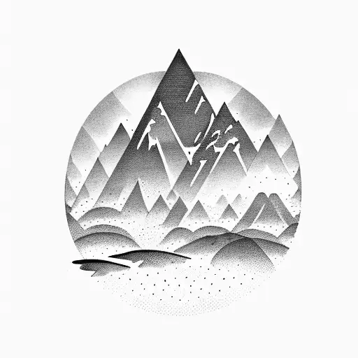 A majestic mountain range with a campfire at its base, surrounded by silhouettes of deer and elk tattoo design idea