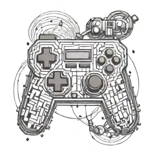 A pixelated arcade game controller intertwined with guitar strings tattoo design idea