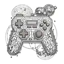 A pixelated arcade game controller intertwined with guitar strings tattoo design idea