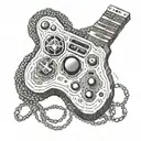 A pixelated arcade game controller intertwined with guitar strings tattoo design idea