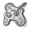 A pixelated arcade game controller intertwined with guitar strings tattoo design idea