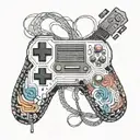 A pixelated arcade game controller intertwined with guitar strings tattoo design idea