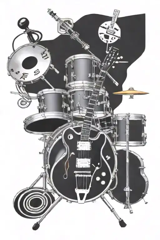 drums with musical notes and electric guitar and bass and microphone tattoo design idea