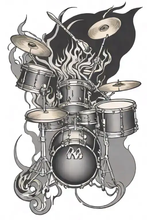 drums with musical notes intertwined on fire rising tattoo design idea