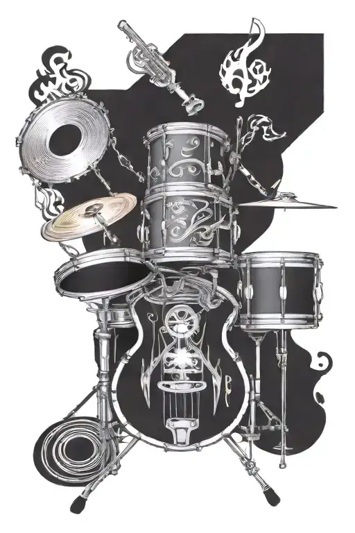 drums with musical notes intertwined on fire rising tattoo design idea