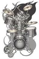 drums with musical notes intertwined on fire rising tattoo design idea