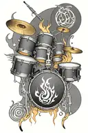 drums with musical notes intertwined on fire rising tattoo design idea