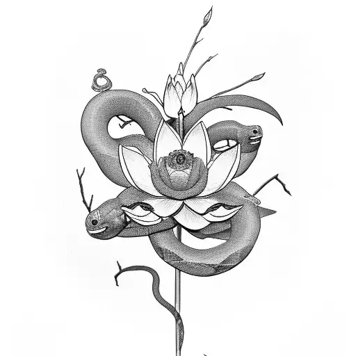 Snake, lotus flower, cherry blossom tattoo design idea
