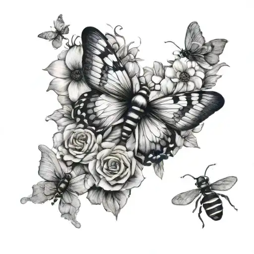 flowers and insects on chest piece tattoo design idea