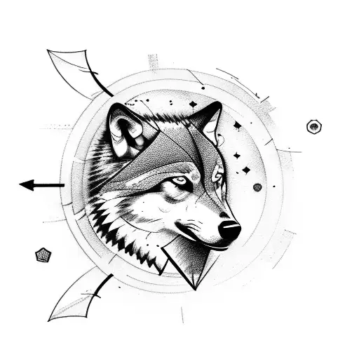 wolf with arrow abstract circle surrounding tattoo design idea