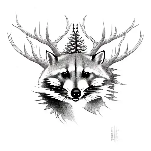 memorial tattoo with catfish and raccoon; deer antlers and pine trees  tattoo design idea