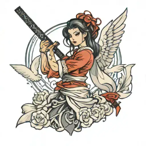 teen princess holding katana guarded by angels tattoo design idea