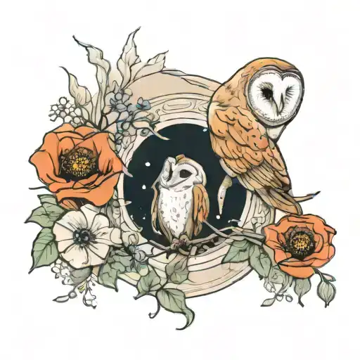 barn owl and poppies and Australia landscape tattoo design idea