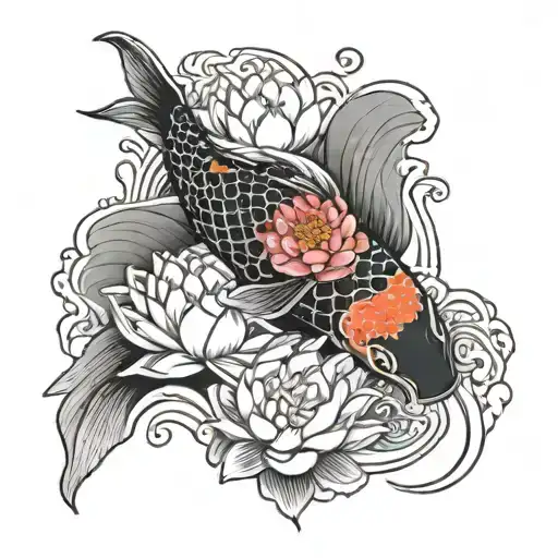 koi fish swimming upstream with lotus flower tattoo design idea