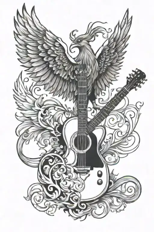 Guitar with pheonix wings tattoo design idea