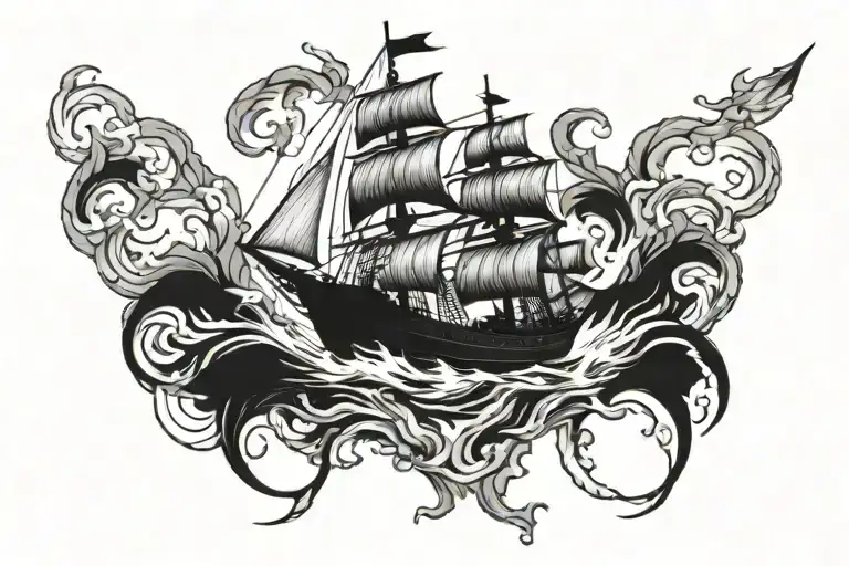 Burning ship sailing tattoo design idea