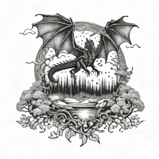 A mystical forest with a dragon flying in the sky tattoo design idea