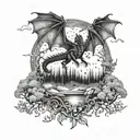 A mystical forest with a dragon flying in the sky tattoo design idea