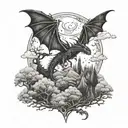 A mystical forest with a dragon flying in the sky tattoo design idea