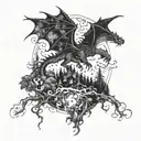 A mystical forest with a dragon flying in the sky tattoo design idea