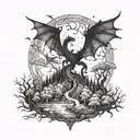 A mystical forest with a dragon flying in the sky tattoo design idea
