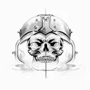 Generate a sketch of a tattoo depicting a skull in an iron helmet from the computer game Skyrim, next to which lies the  tattoo design idea