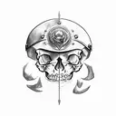 Generate a sketch of a tattoo depicting a skull in an iron helmet from the computer game Skyrim, next to which lies the  tattoo design idea